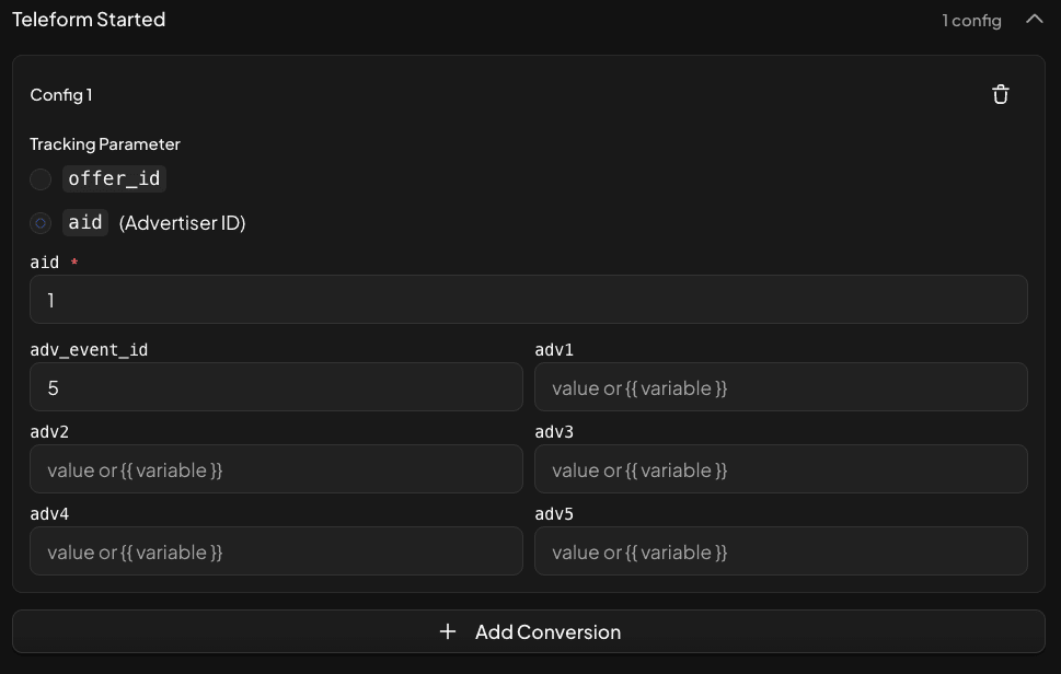 Rimo client-side event configuration showing aid and adv_event_id fields