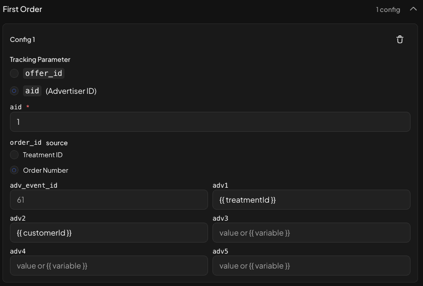 Rimo server-side event configuration with aid, order_id source, and event mapping