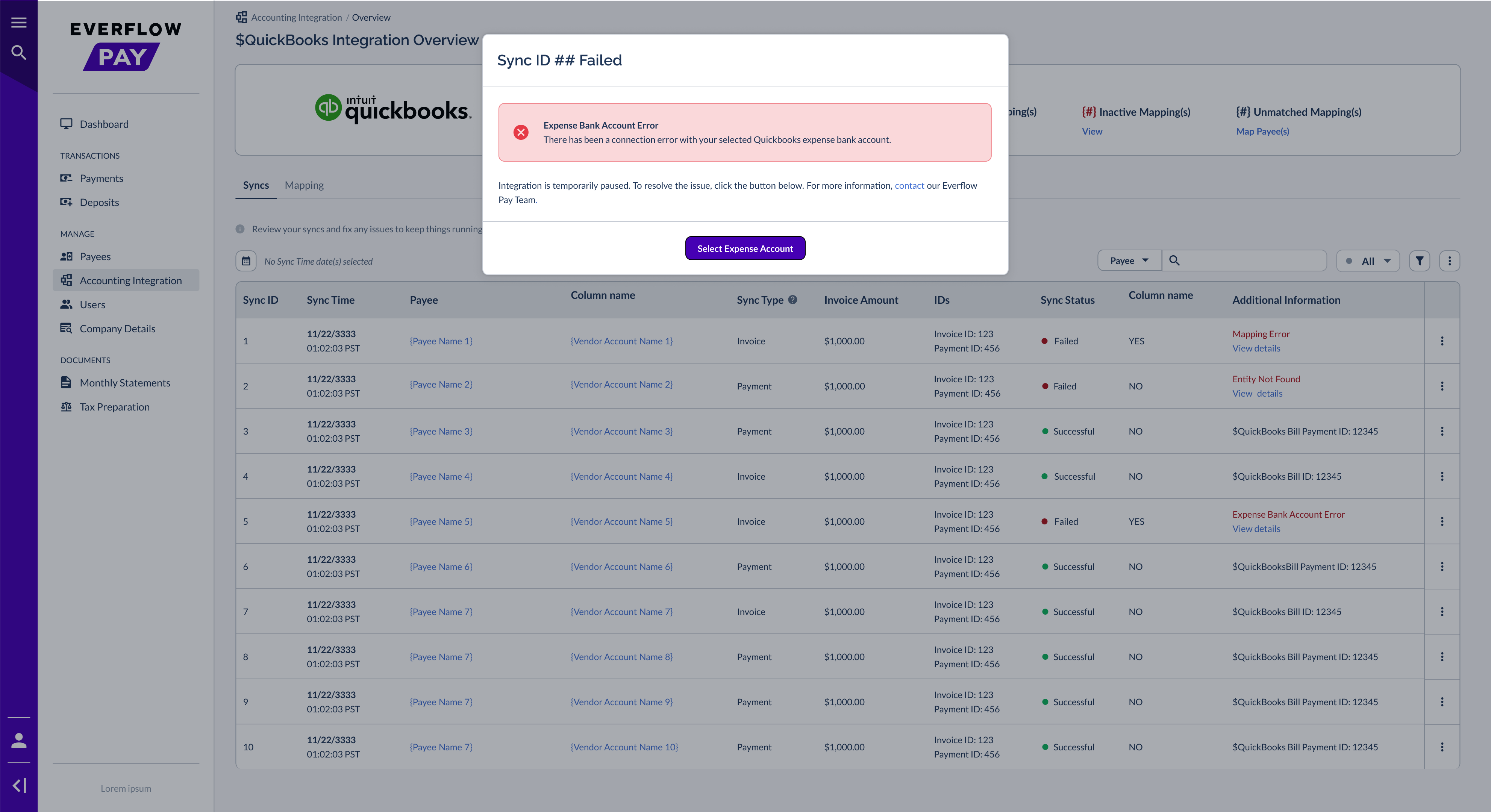 Expense Account Error modal with Select Expense Account button