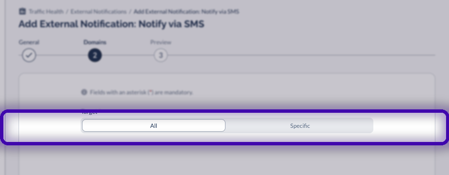 The Domains step with the All / Specific target toggle