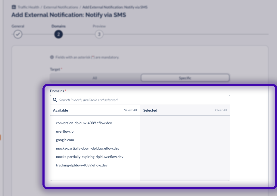 The Specific domains picker with Available and Selected lists