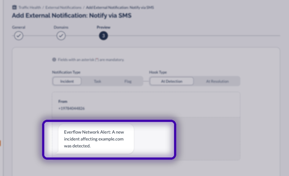 The Preview step showing a sample SMS from Everflow's number