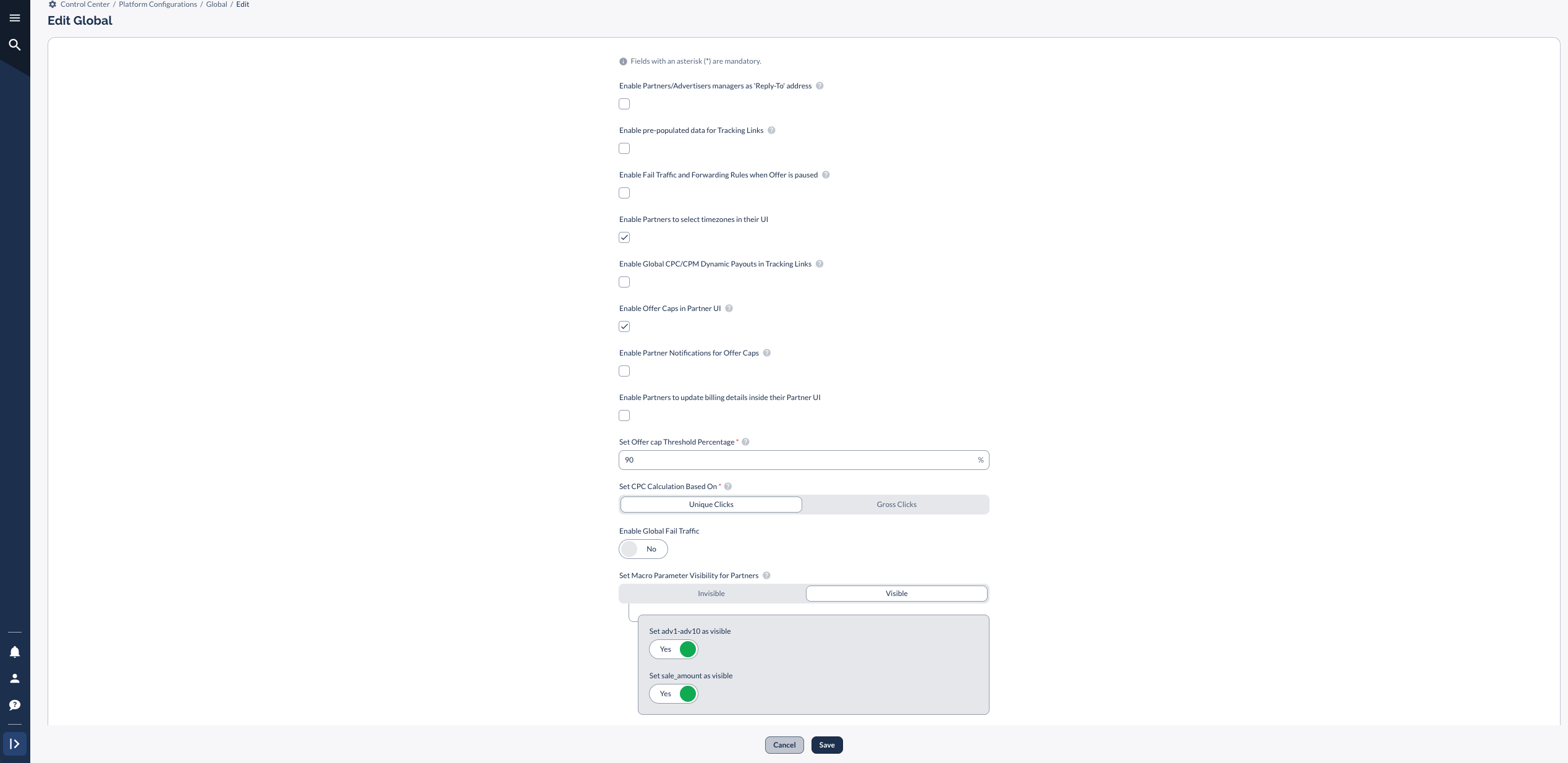 Global Settings edit view showing Macro Parameter Visibility controls
