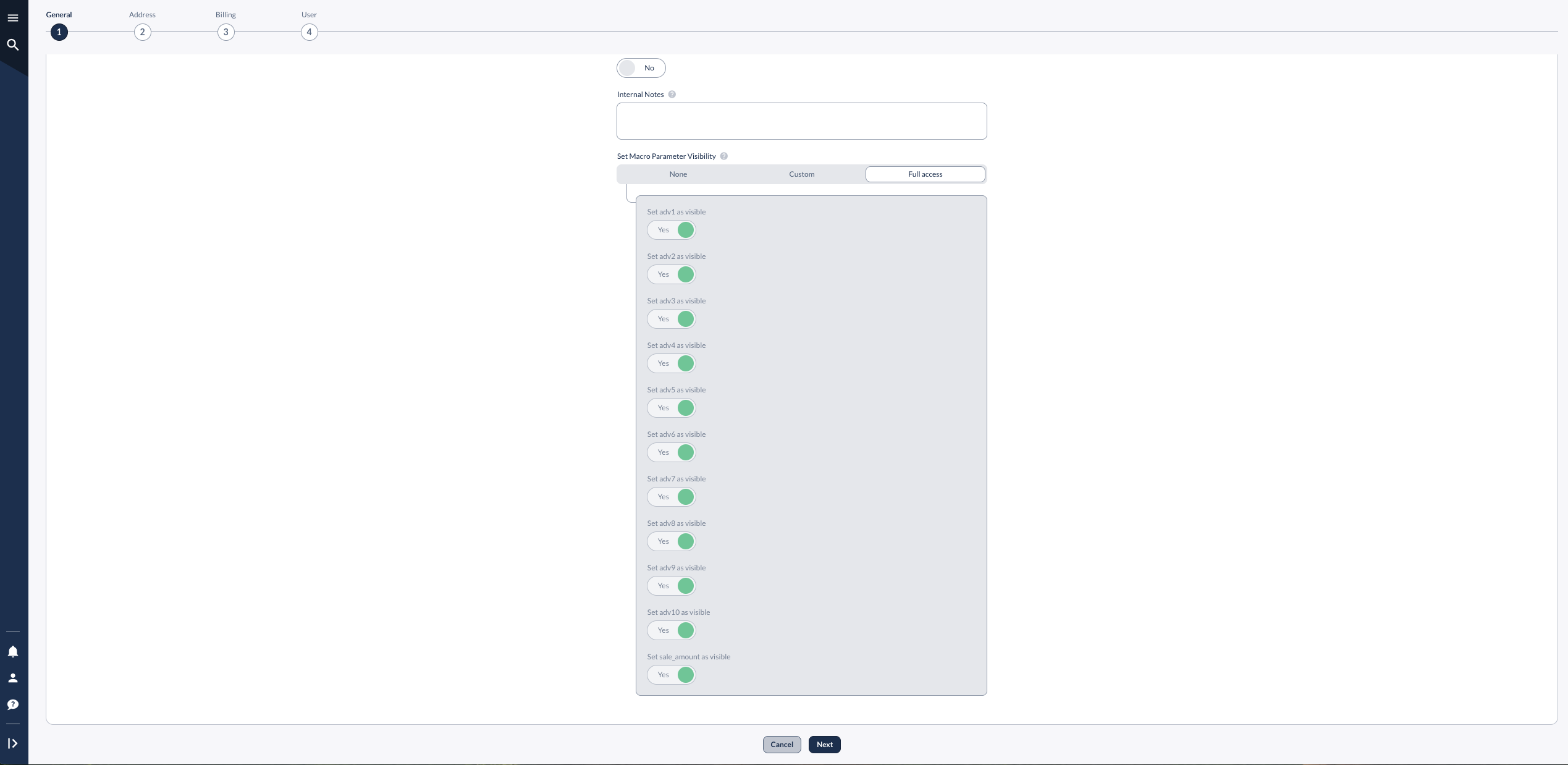 Partner setup form showing Set Macro Parameter Visibility with None, Custom, Full Visibility options