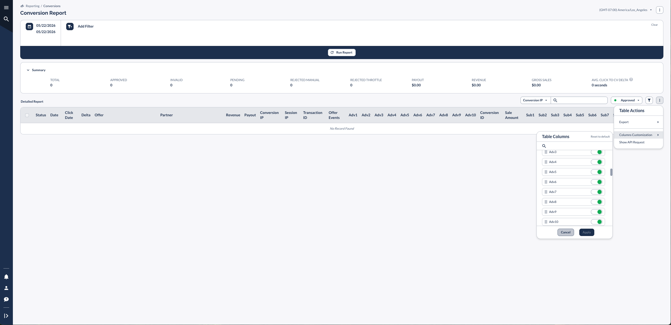 Partner Platform Conversion Report showing adv1-adv10 and sale_amount column toggles