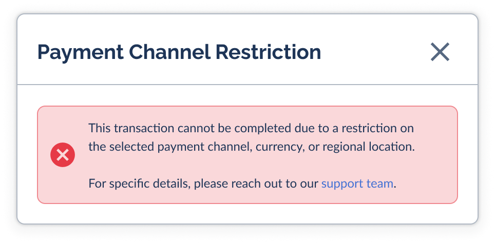 Payment Channel Restriction error banner in the Bank Debit funding modal