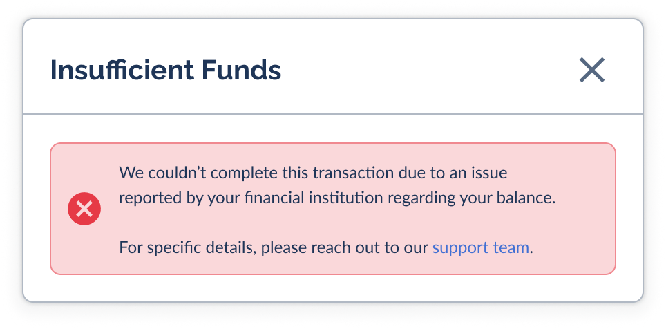 Insufficient Funds error banner in the Bank Debit funding modal