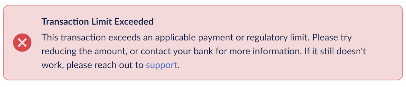 Transaction Limit Exceeded error banner in the Bank Debit funding modal