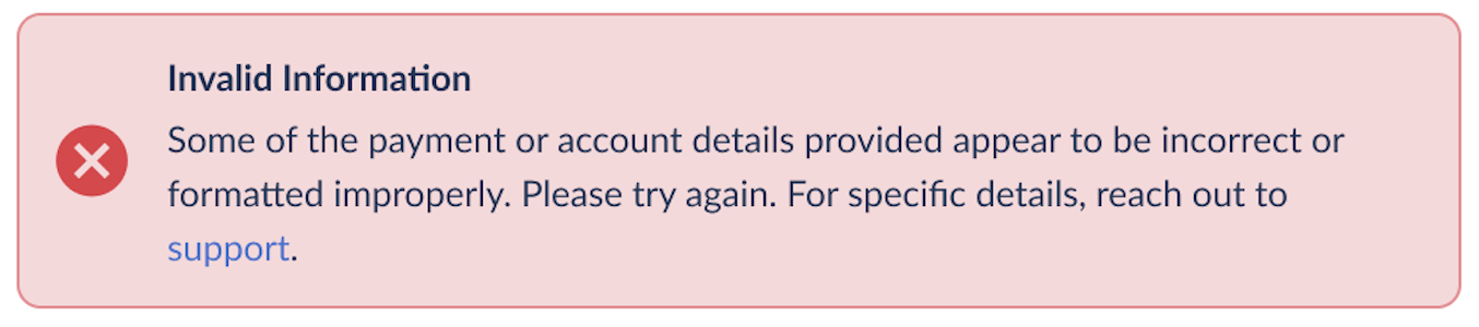 Invalid Information error banner in the Bank Debit funding modal