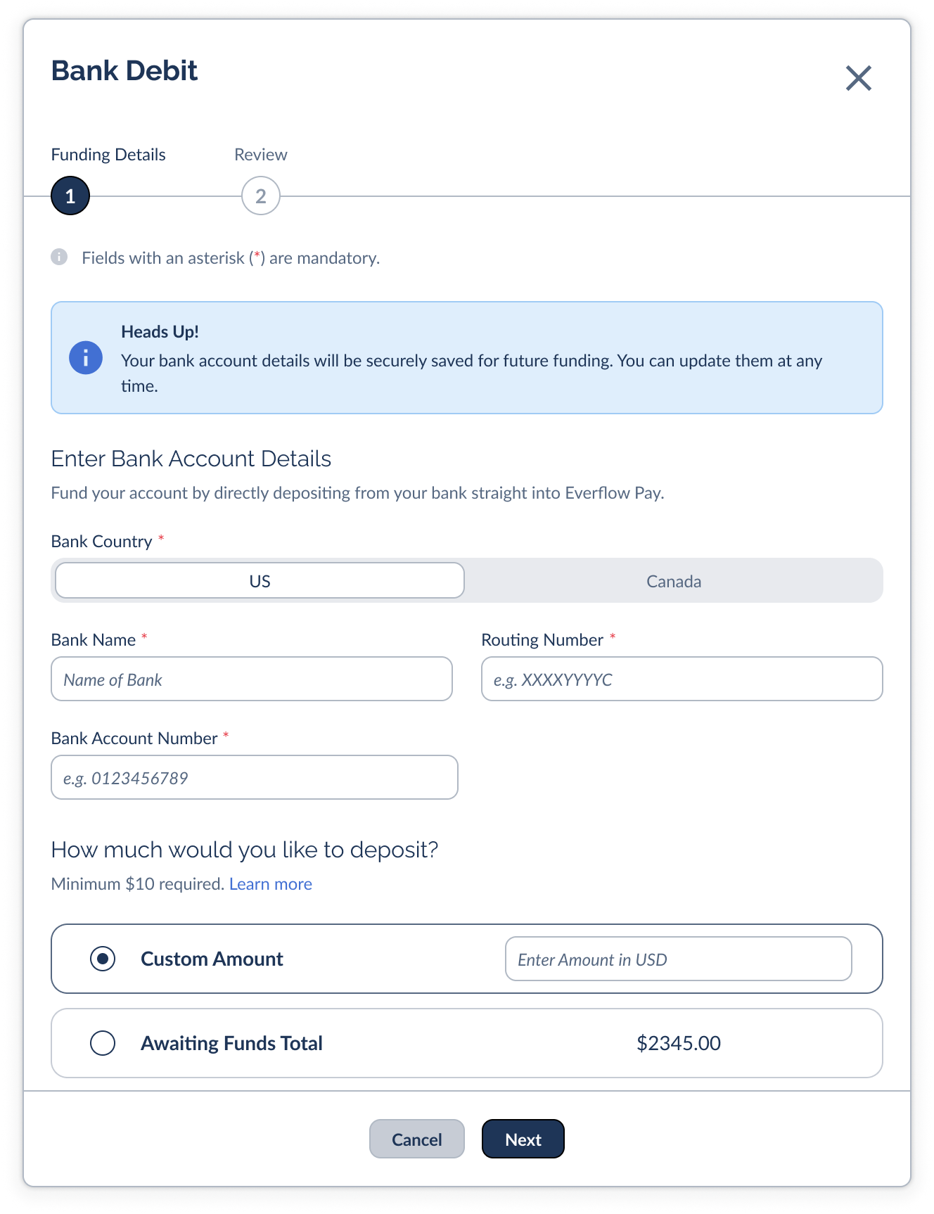 The Bank Debit form with US bank fields and the deposit amount