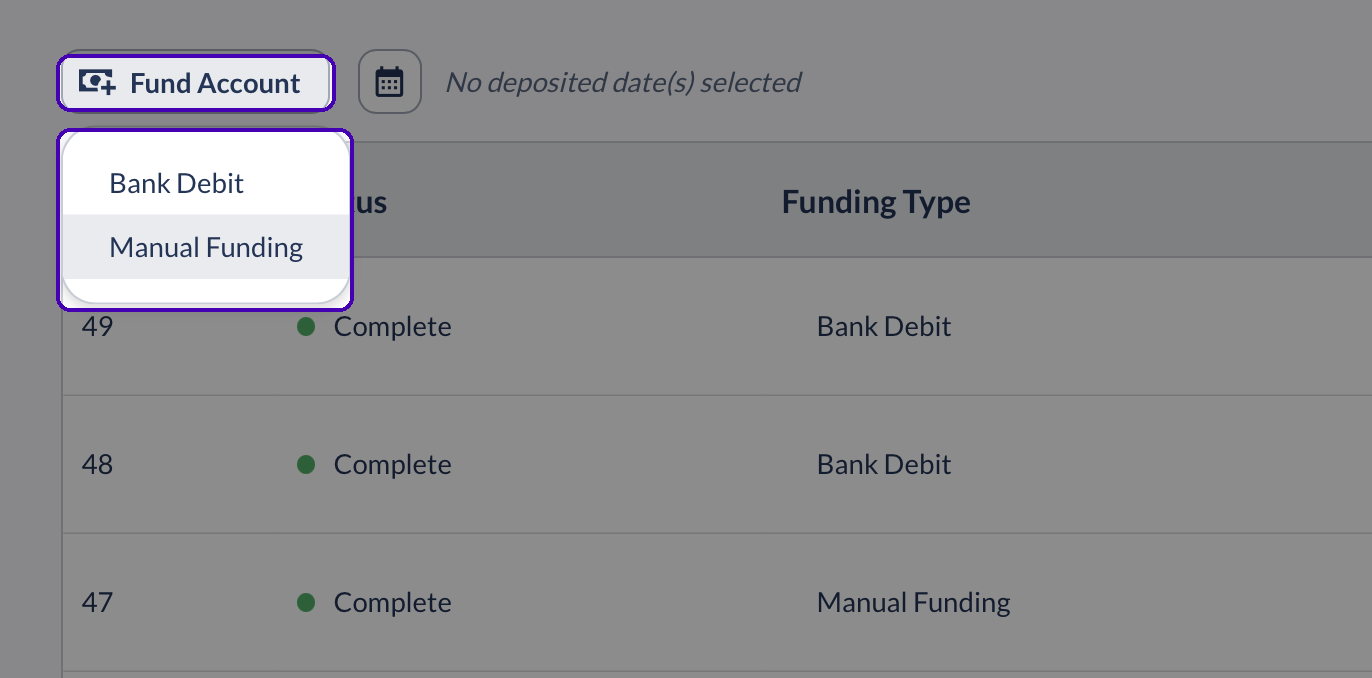 Fund Account menu with the Bank Debit option highlighted