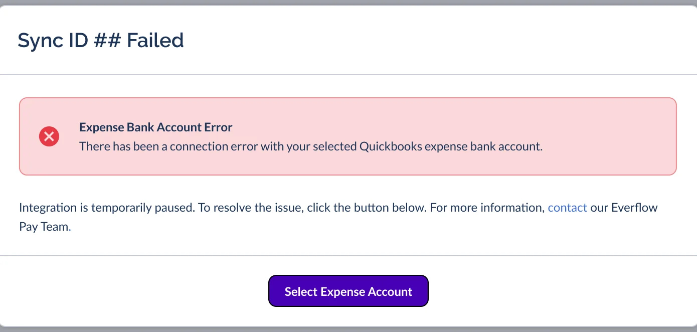 Expense Bank Account Error modal with Select Expense Account button