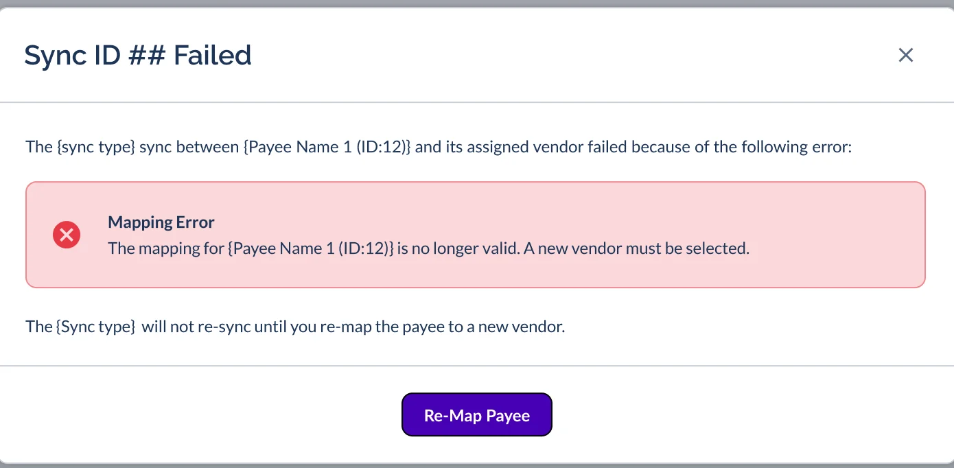 Sync ID Failed window showing a Mapping Error and a Re-Map Payee button