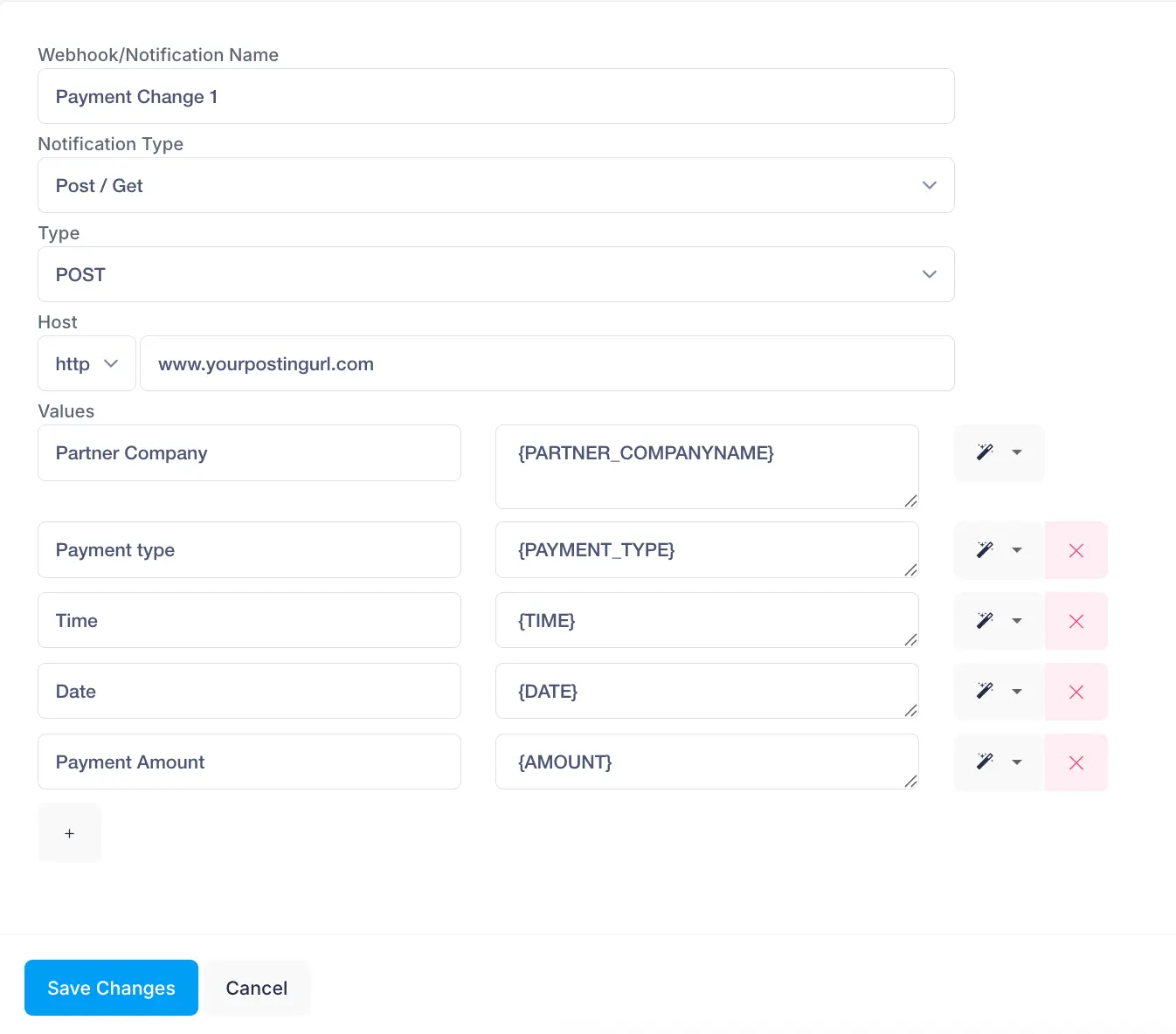 Boberdoo webhook configuration showing Notification Type set to Post slash Get, a separate Type field, the Host field with a protocol dropdown, and paired Values rows below