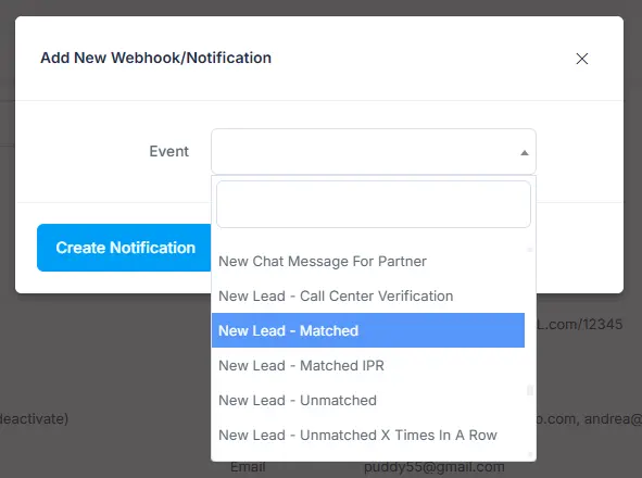 Boberdoo Add New Webhook dialog with the Event dropdown open, showing New Lead - Matched among the available lead events