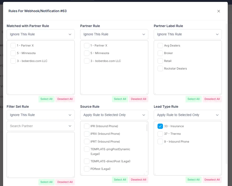 Boberdoo webhook rules dialog showing six scoping options including Source Rule and Lead Type Rule, each set to ignore or apply to selected items only