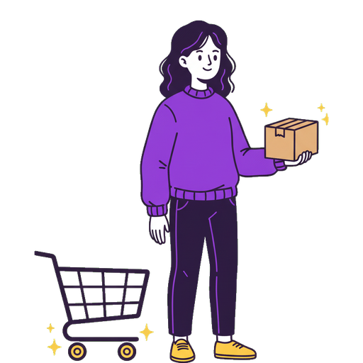 Illustration of an e-commerce client holding a parcel beside a shopping trolley