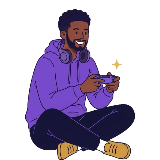 Illustration of a gaming client sitting cross-legged with a controller and headphones