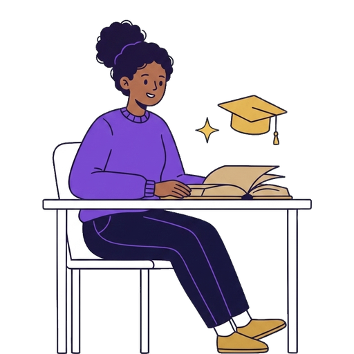 Illustration of an education client reading an open book at a desk