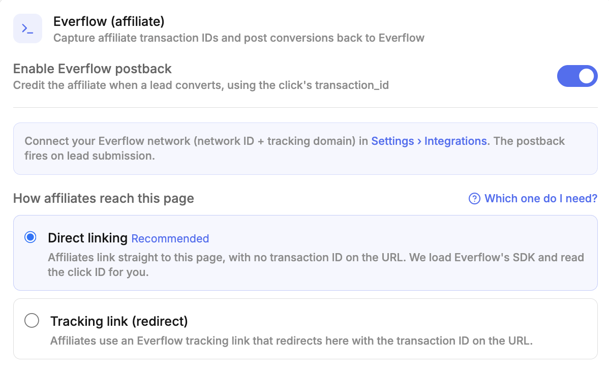 The Everflow (affiliate) section in a LeadCapture.io funnel, with the postback toggle on and Direct linking selected