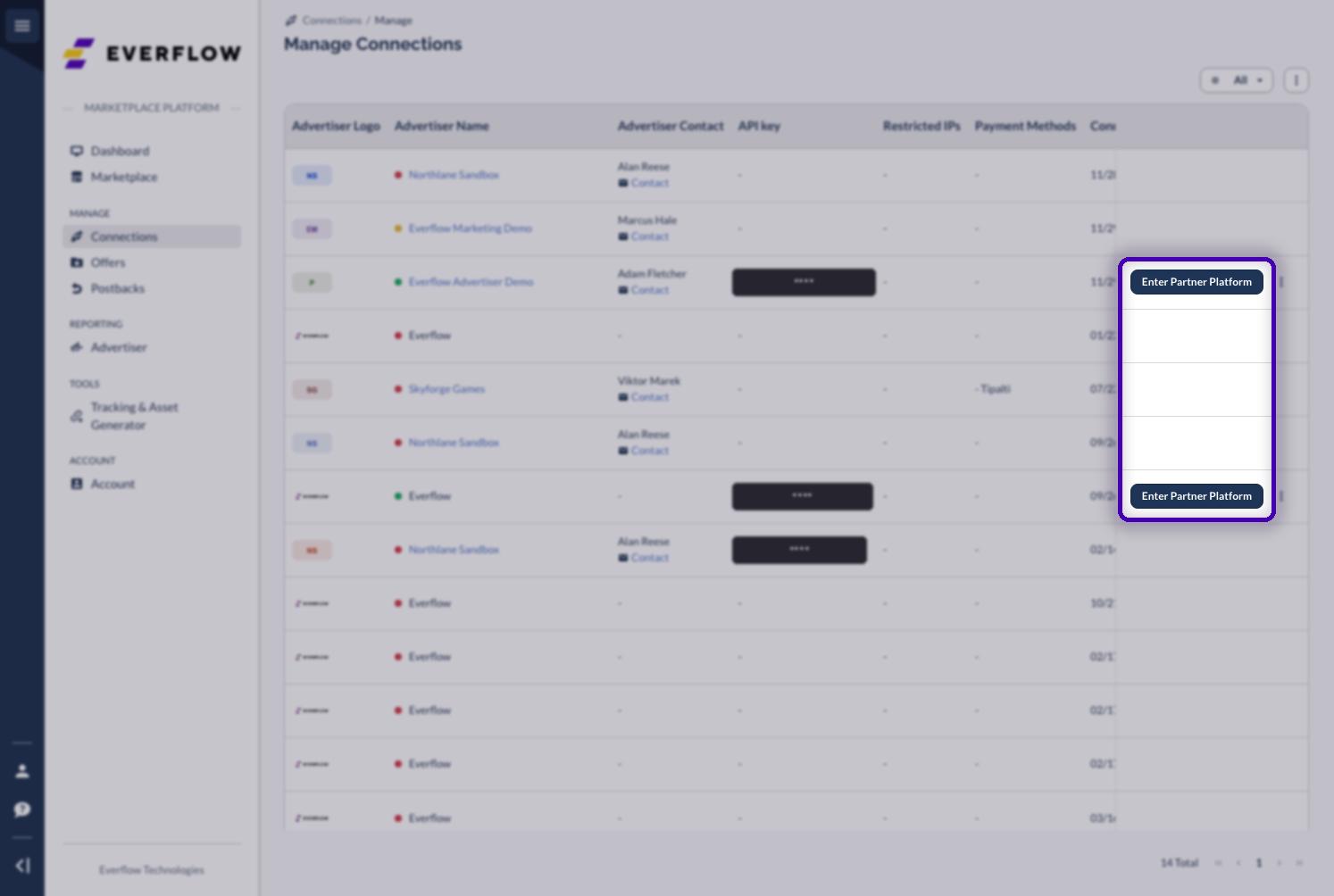 Manage Connections row with the Enter Partner Platform button