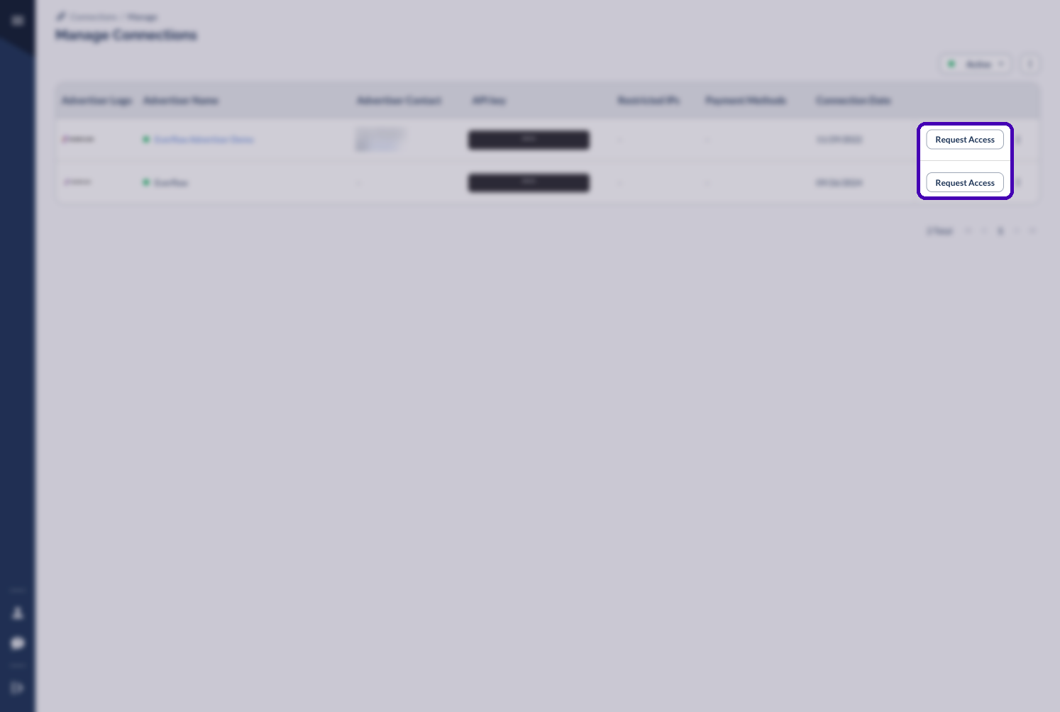 Request Access buttons on Manage Connections rows