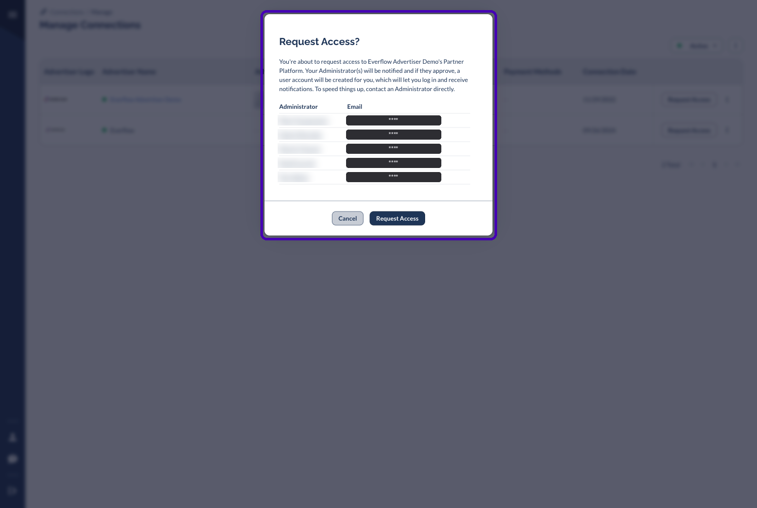Request Access dialog listing the Administrators who can approve