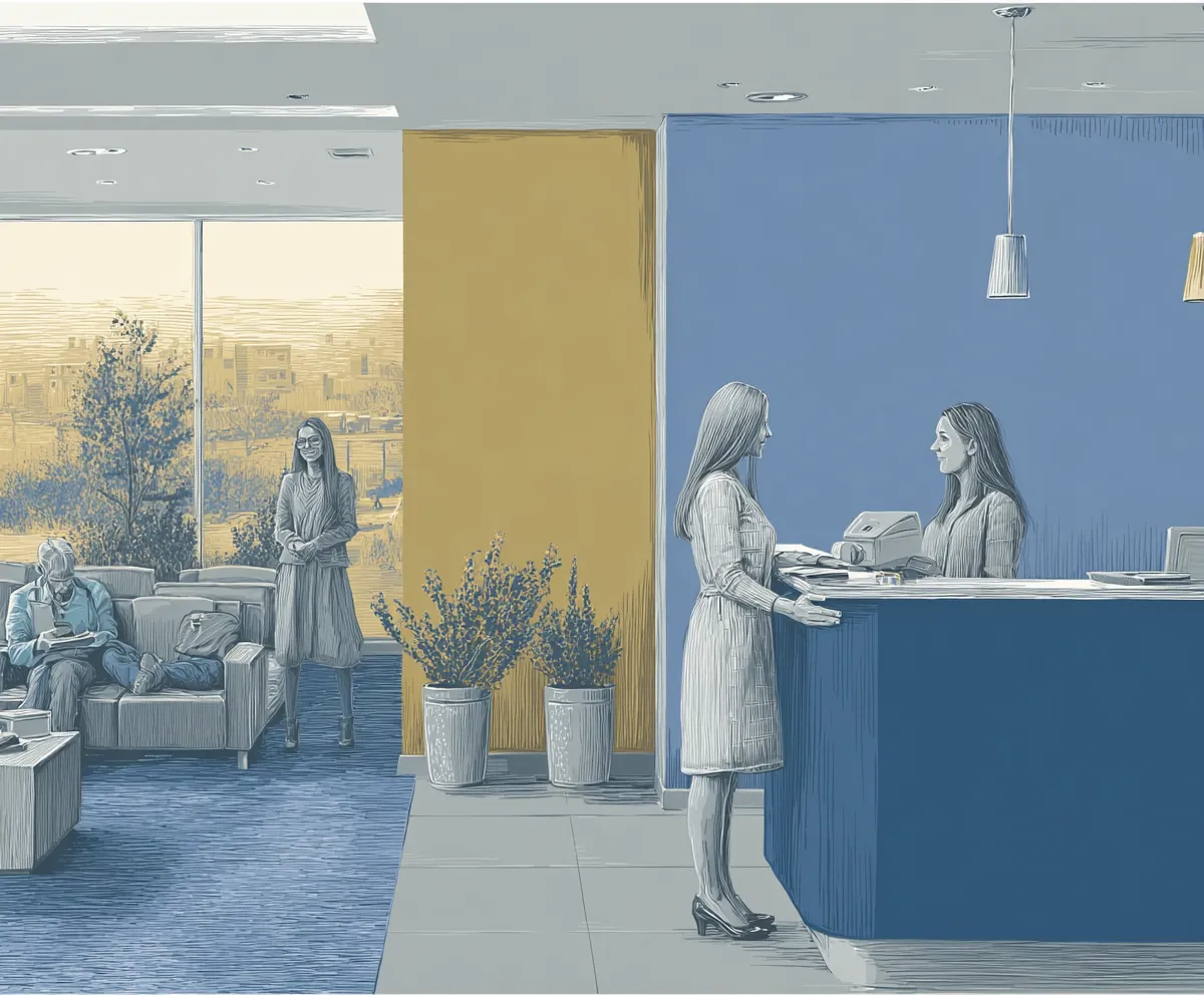 Two women talking at a clinic reception desk, with more patients waiting at the back.