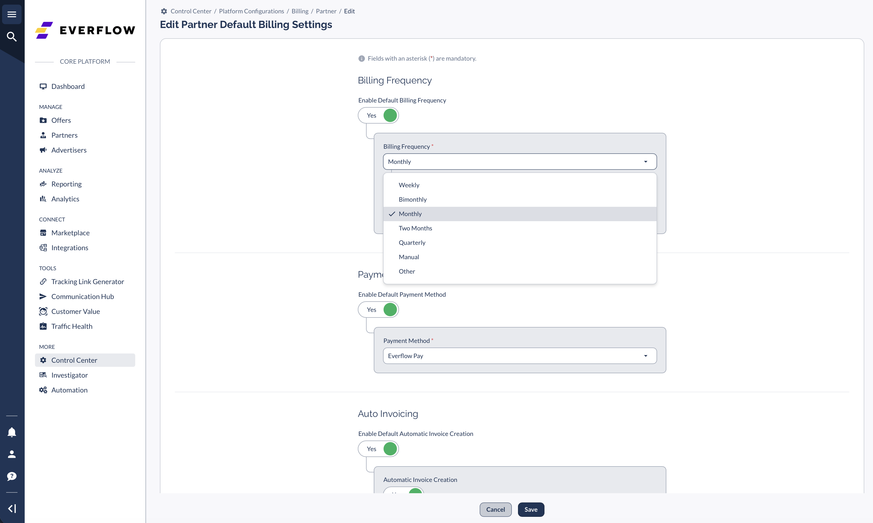 Billing frequency dropdown options