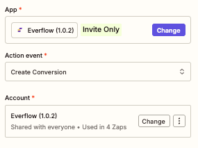Zapier action event selection
