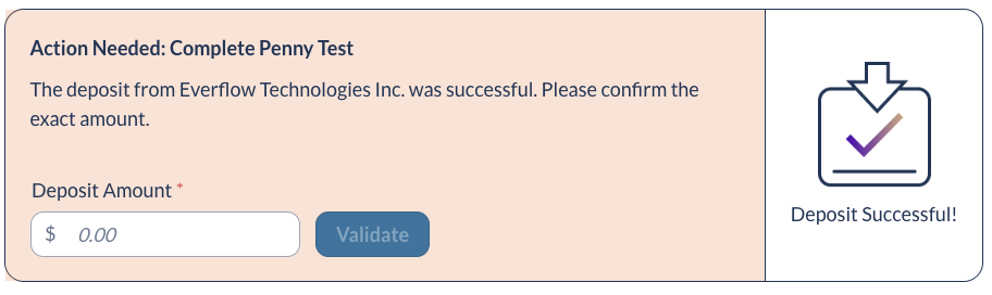 Penny test validation screen with deposit amount input