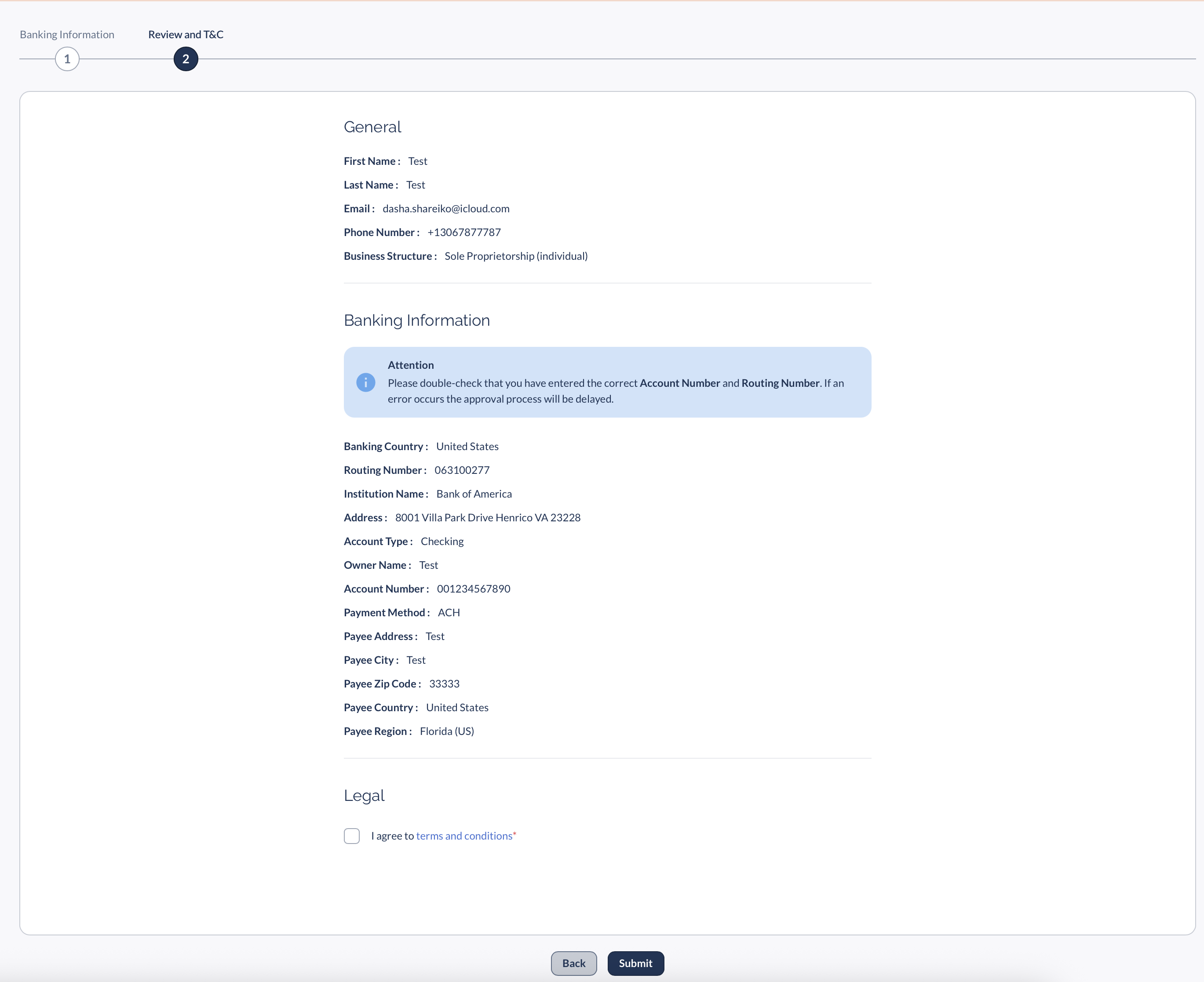 Review and Terms & Conditions screen