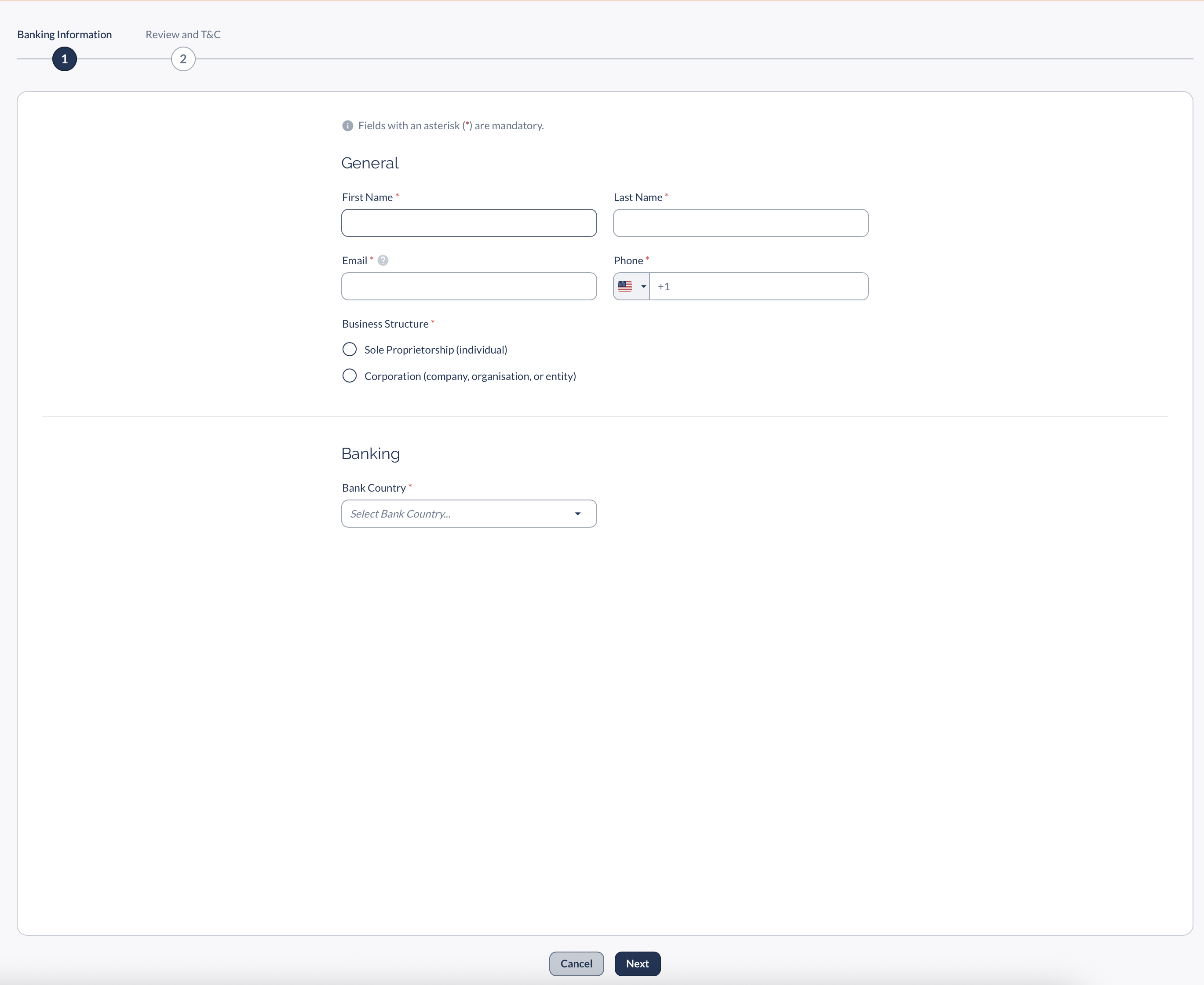 Banking information form