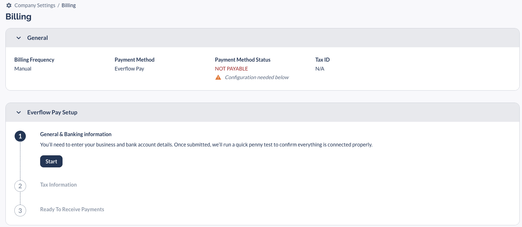 Partner Billing Page with Start button