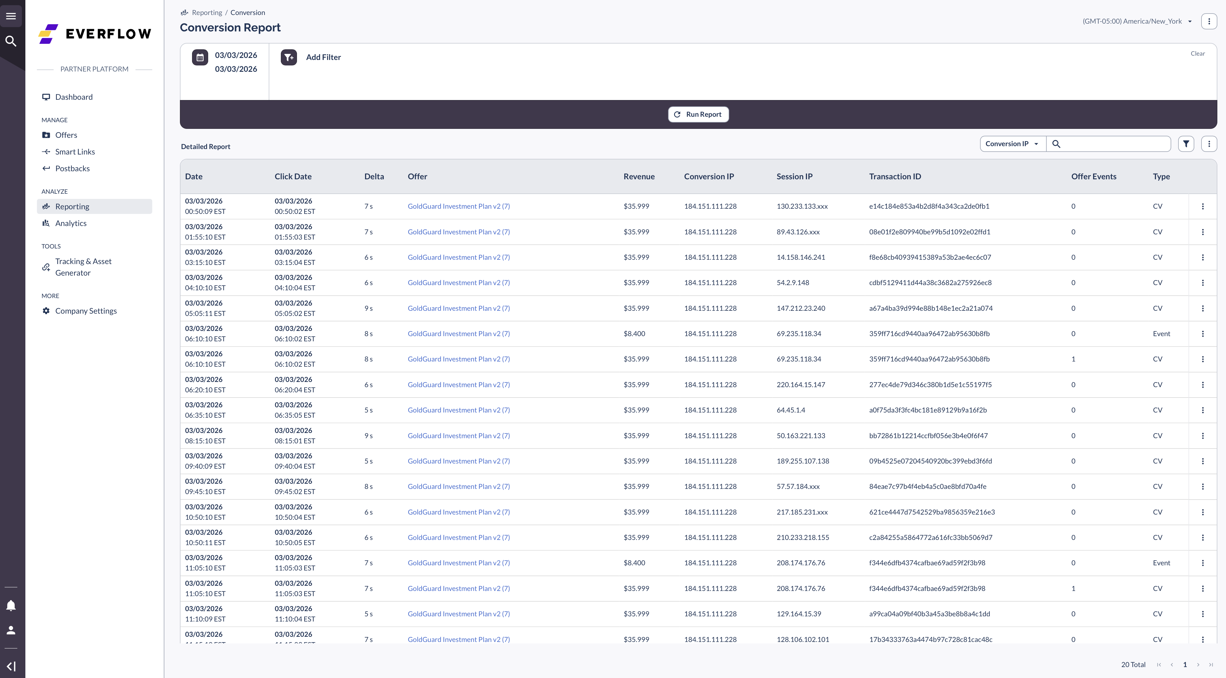 Conversion Report confirming conversions matched to clicks with revenue and Transaction IDs