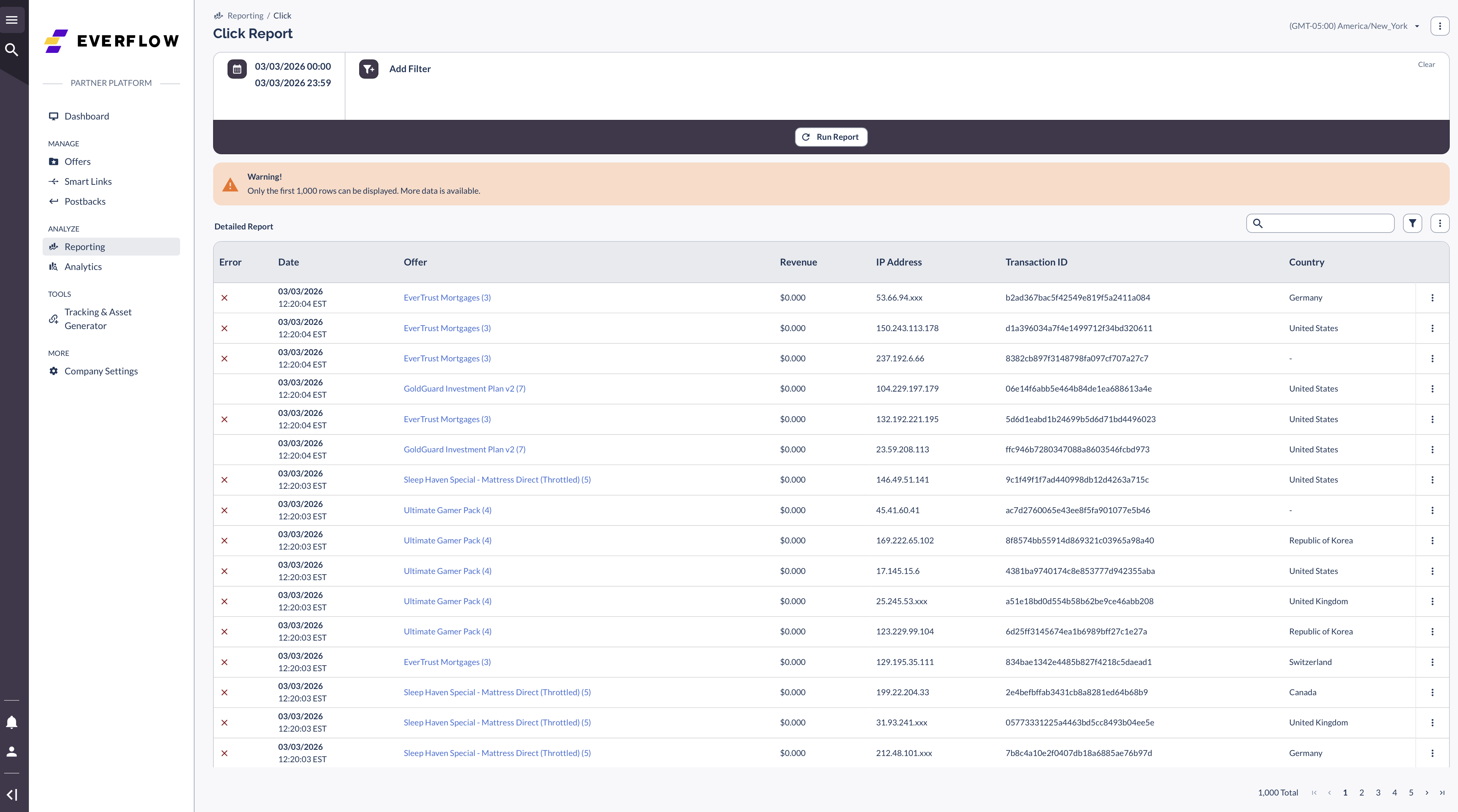 Click Report showing recorded clicks with Transaction IDs and country data