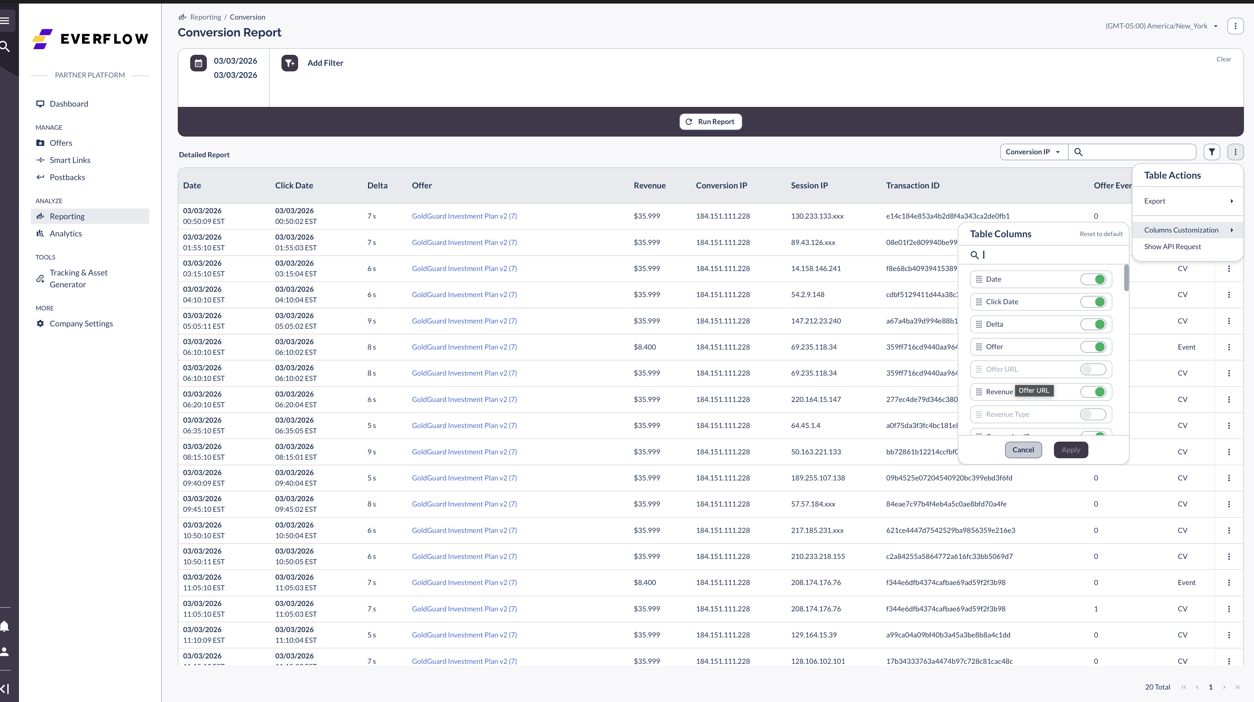 Conversion Report with Table Columns customization panel showing toggles for Date, Click Date, Delta, Offer, Revenue, and other fields