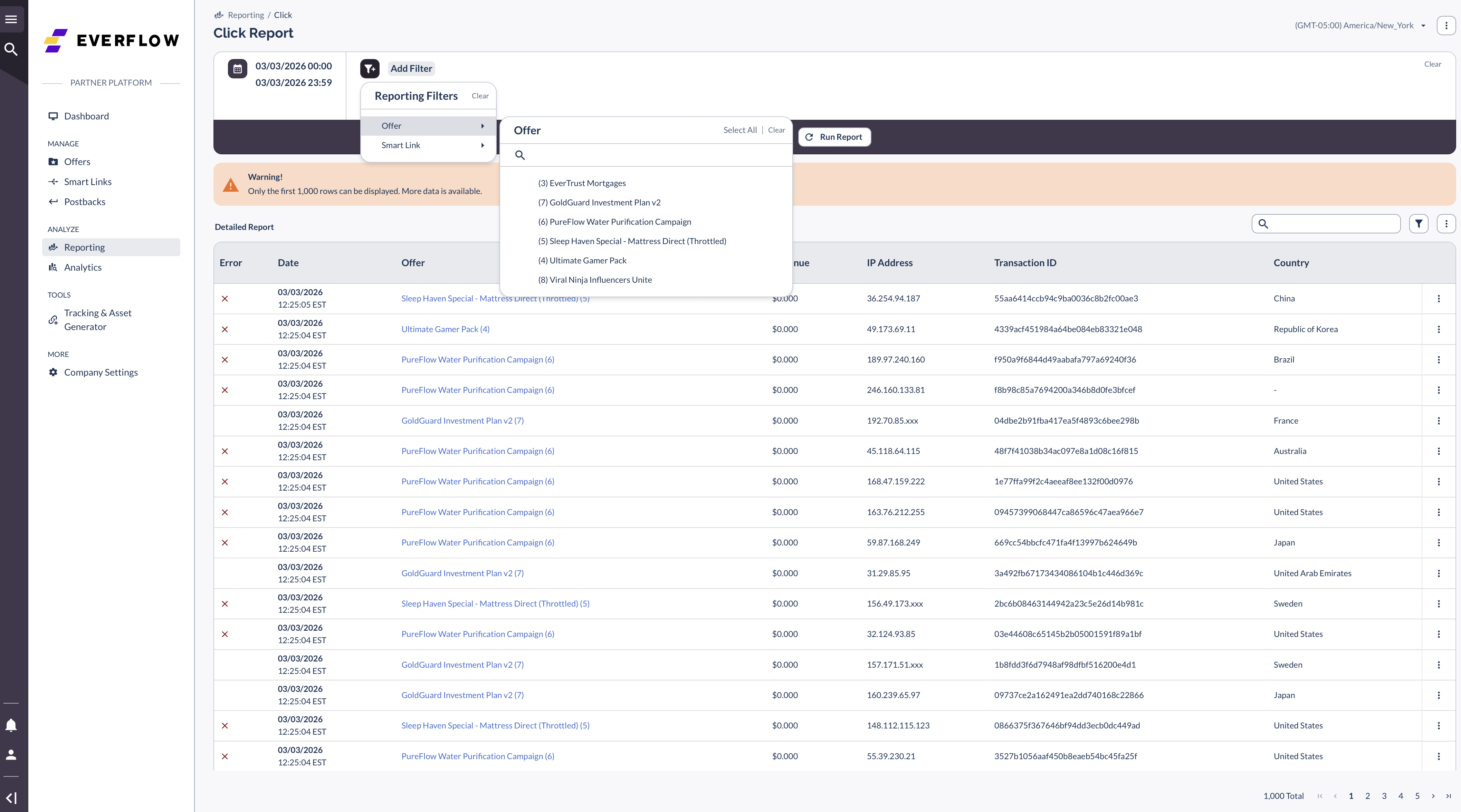 Click Report interface with Reporting Filters dropdown showing offer and smart link filter options