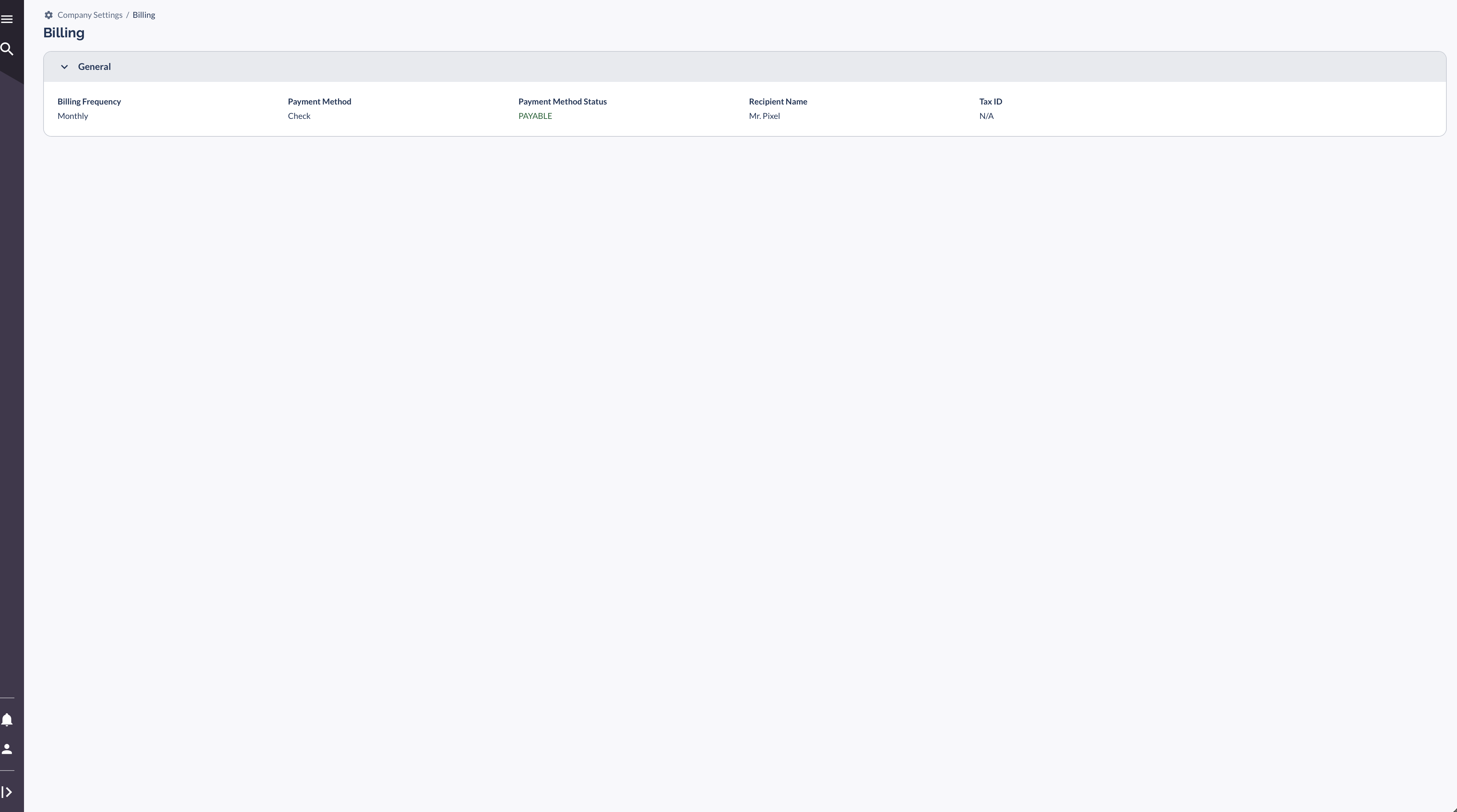 Billing page showing payment frequency, payment method, payment status, recipient name, and tax ID fields