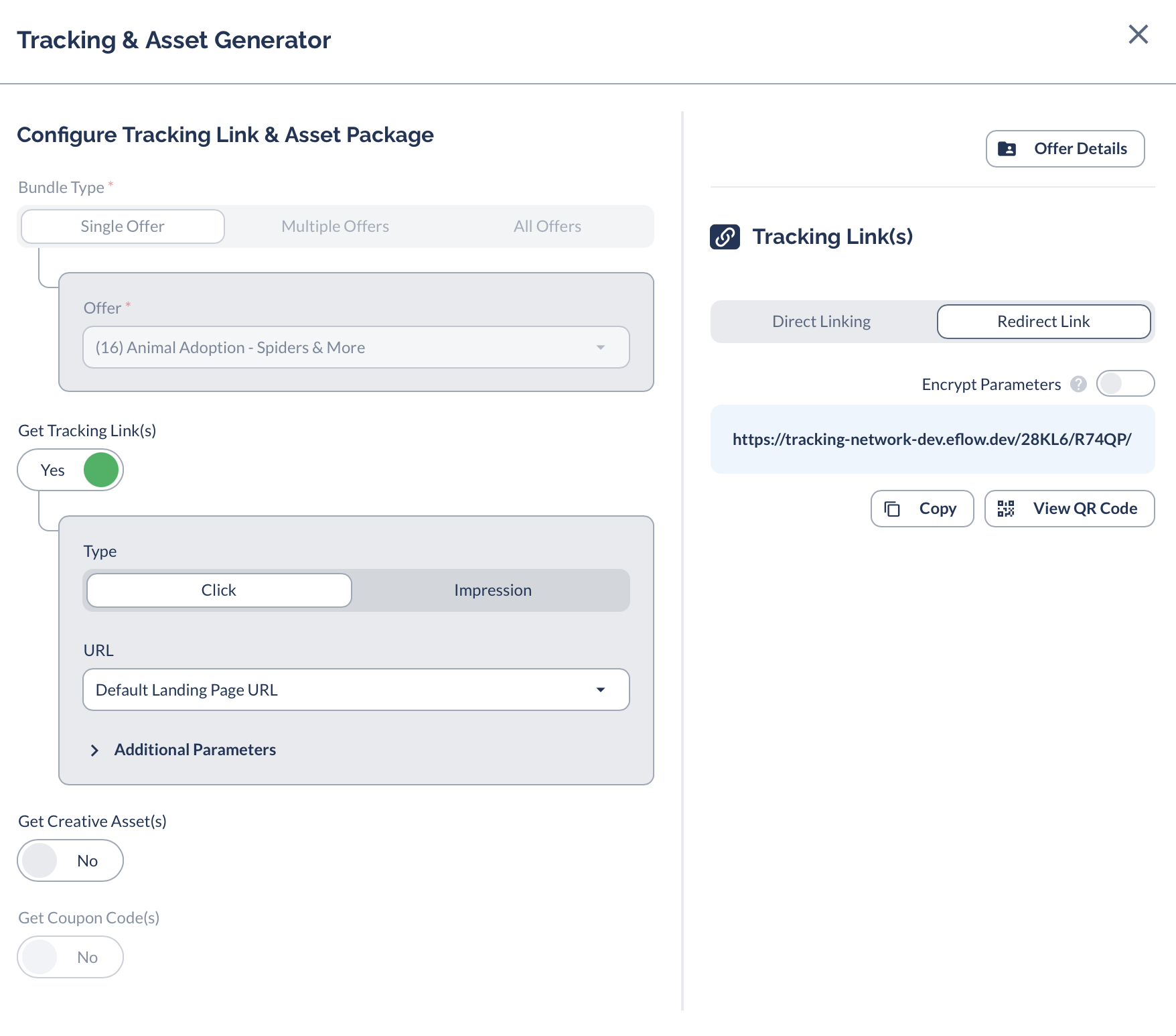 Tracking and Asset Generator showing a Redirect Link URL that routes through Everflow server