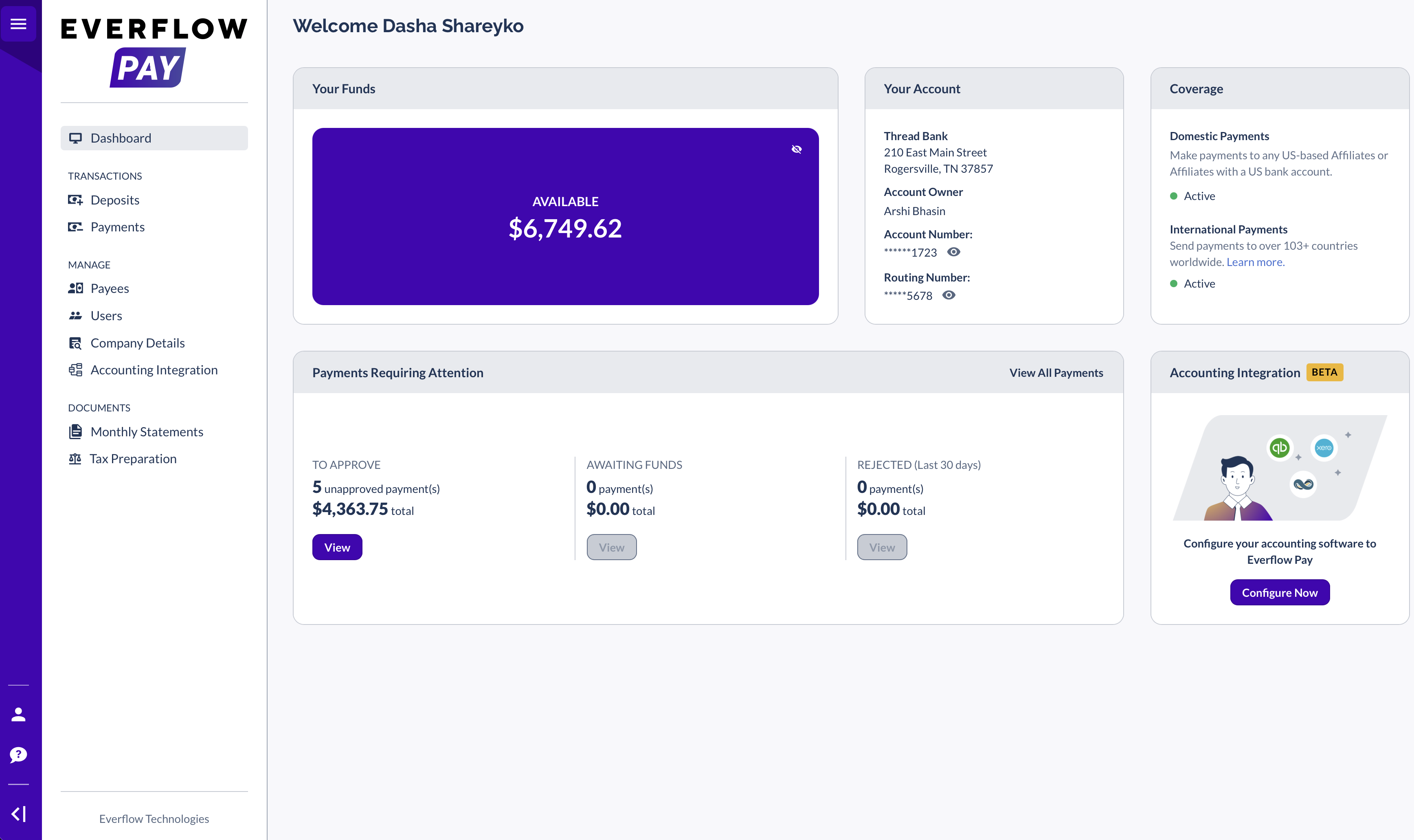 Accounting Integration under MANAGE menu