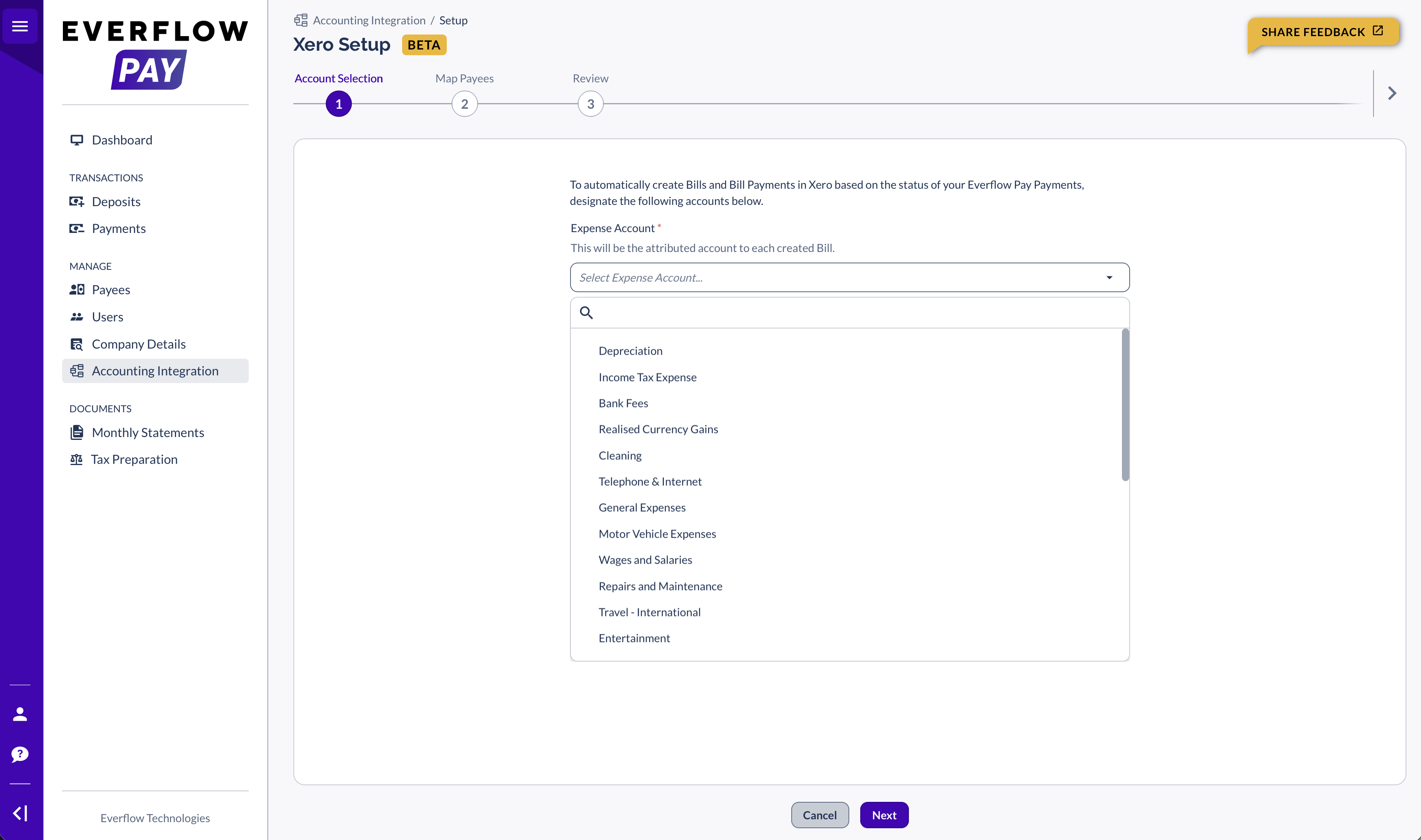 Account Selection step showing Expense Account dropdown