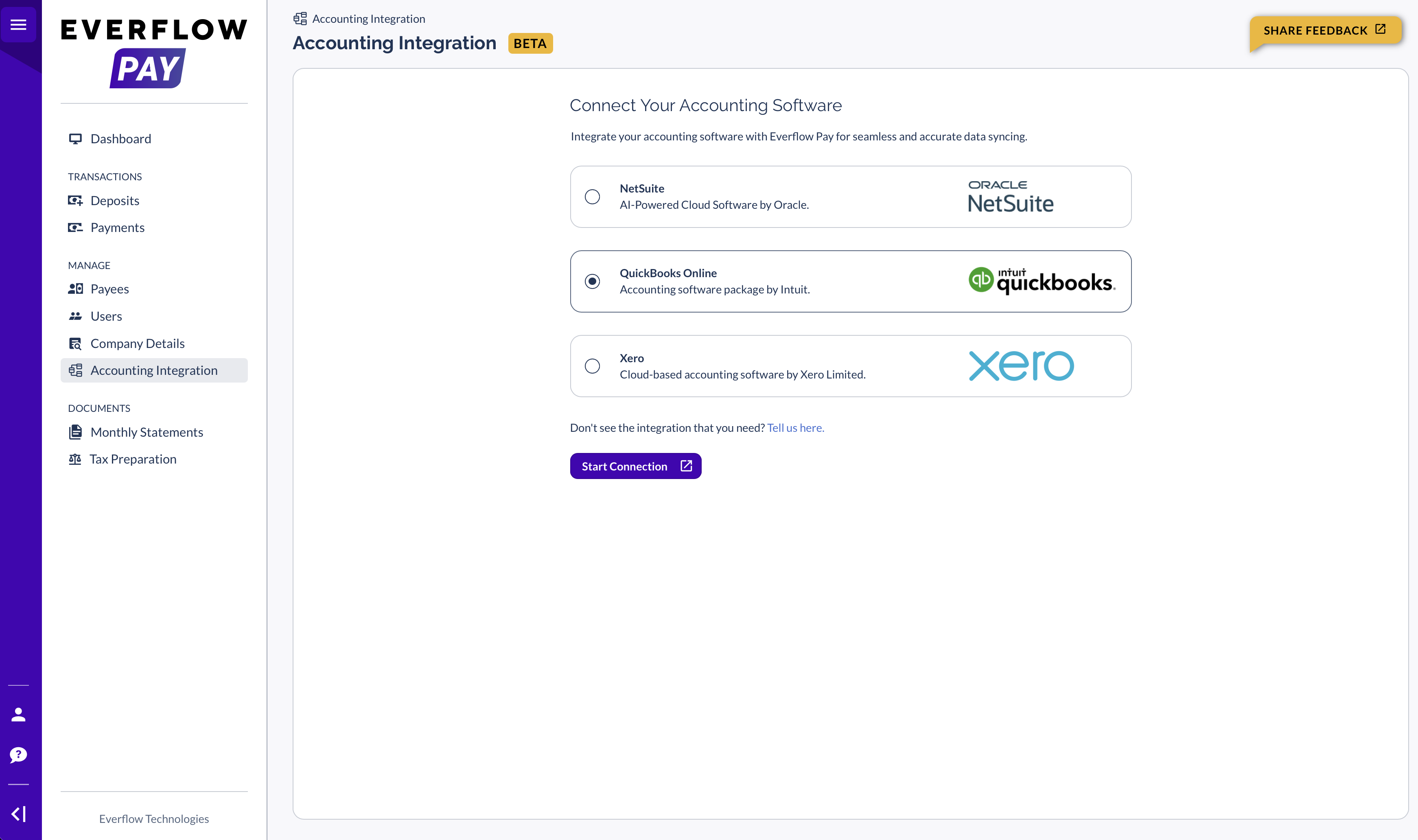 Provider selection showing NetSuite, QuickBooks Online, and Xero