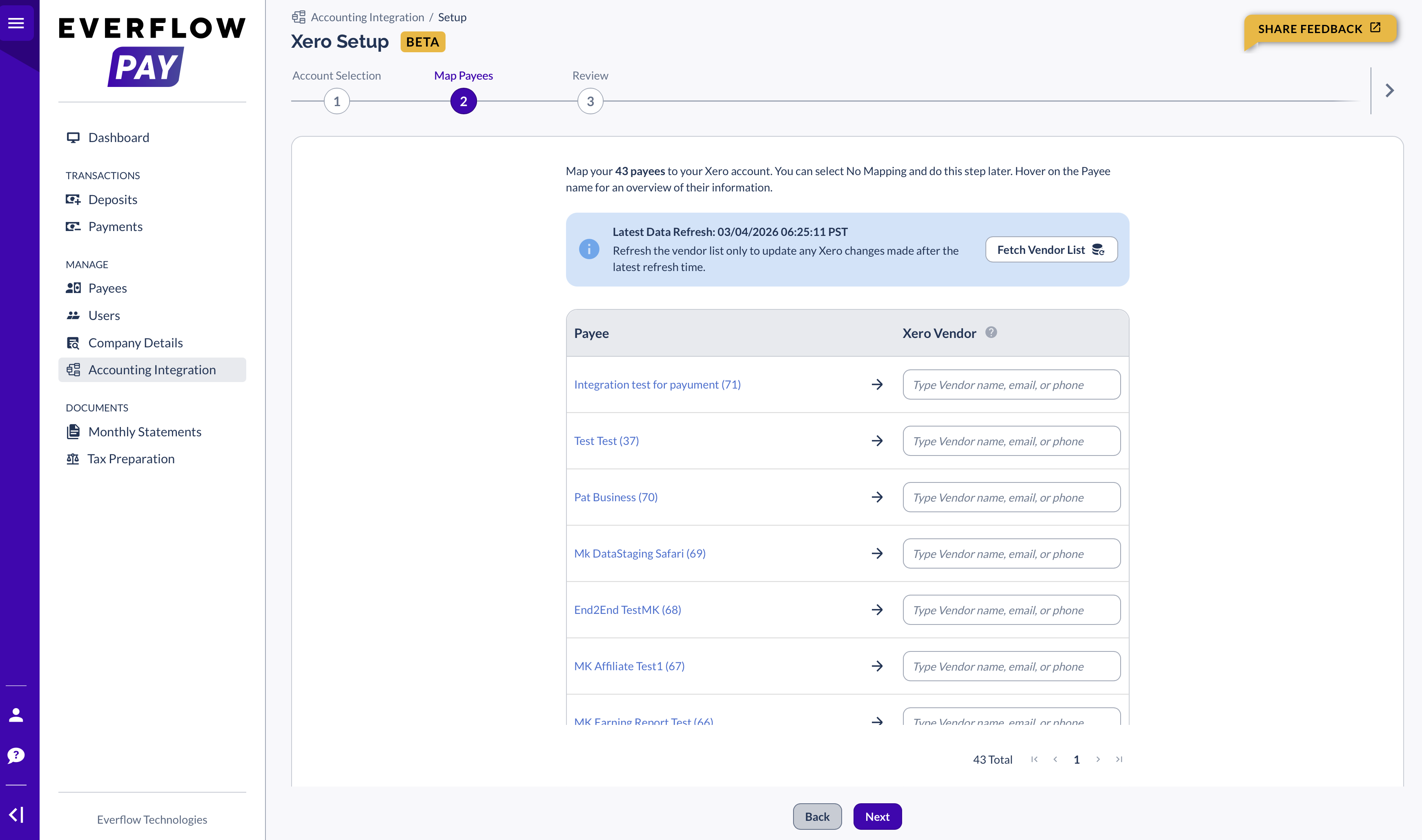 Map Payees step showing Payee list and Vendor search dropdowns