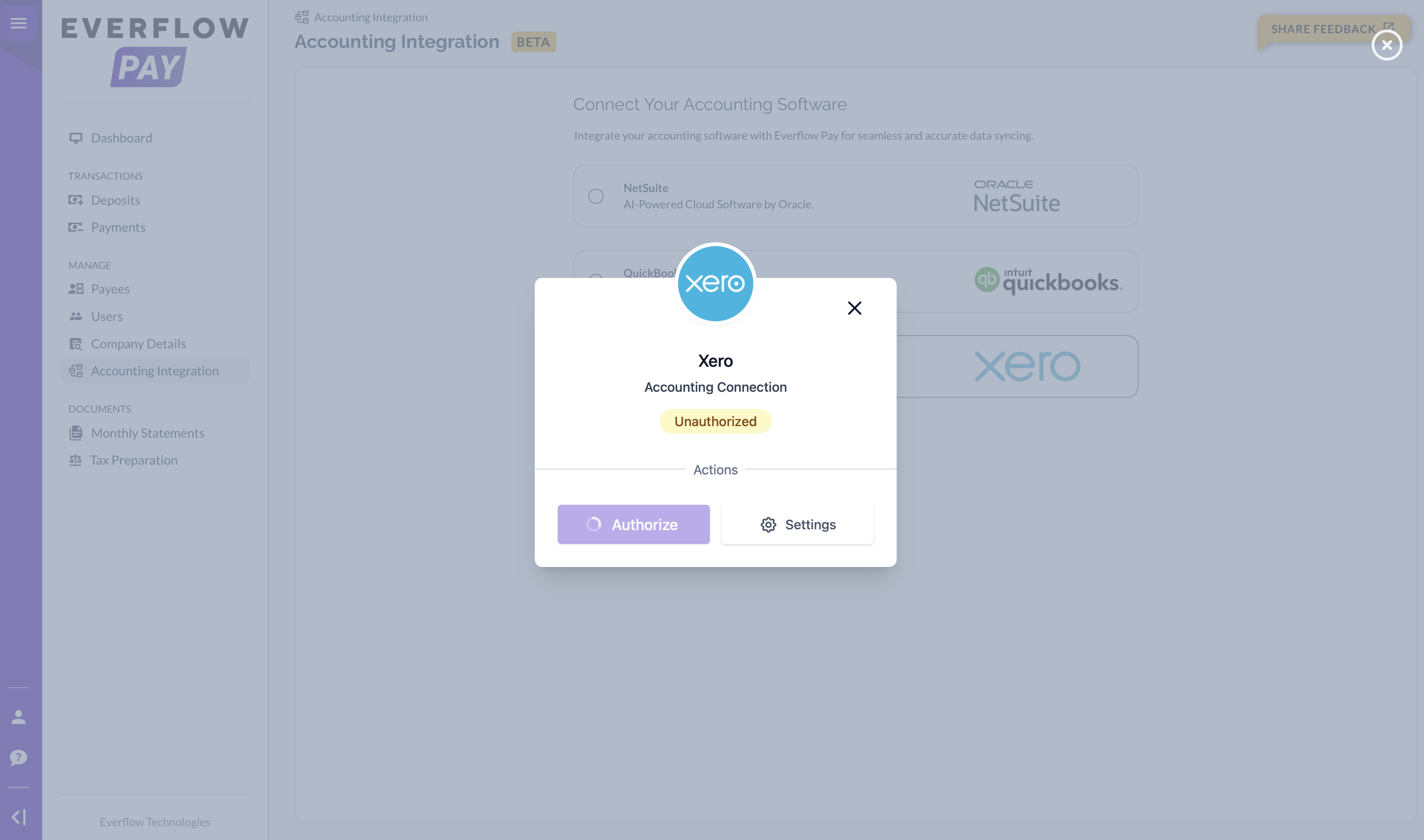 Xero Vault showing Accounting Connection with Authorize button