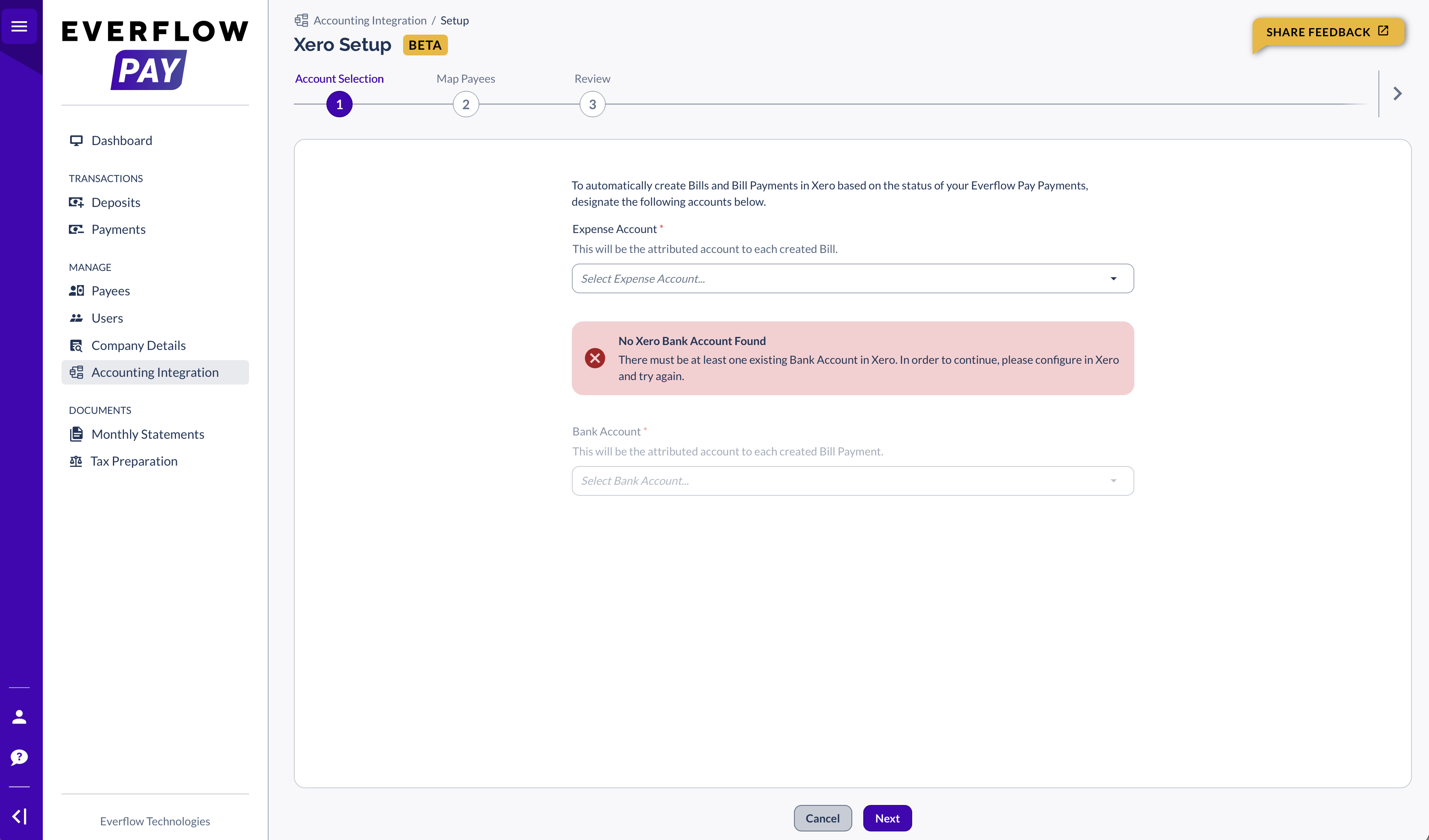 Error showing No Bank Account Found