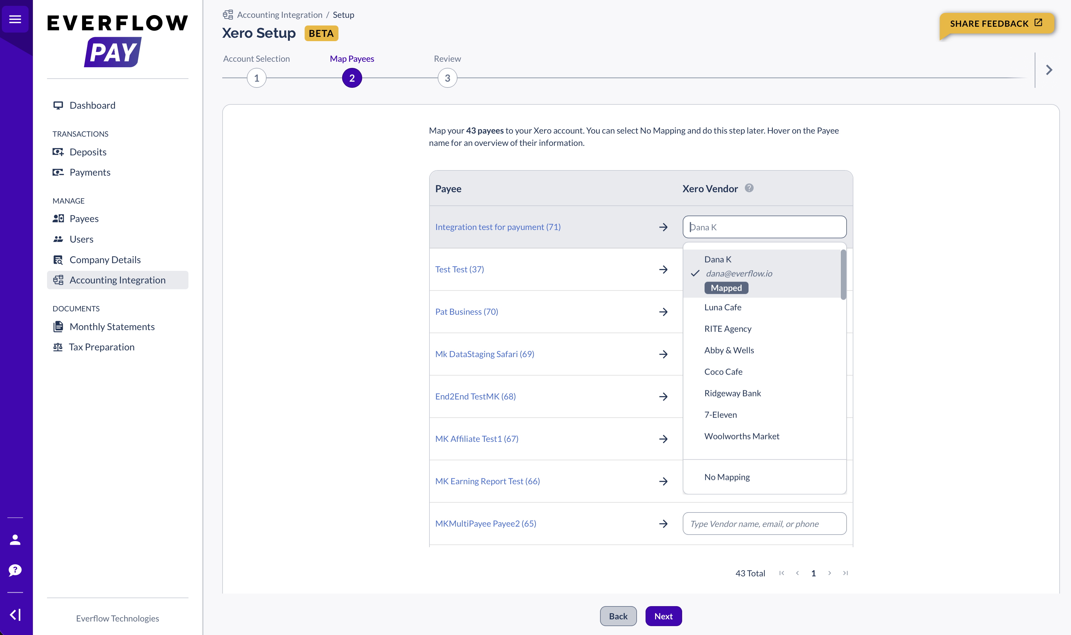 Vendor search dropdown showing results and Mapped badges