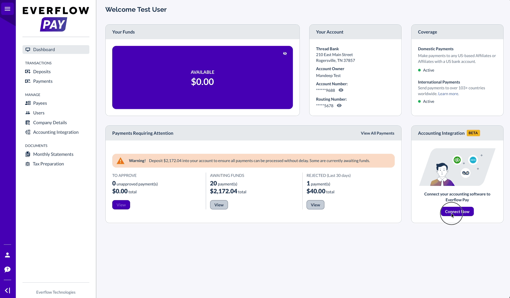 Animated walkthrough of the Accounting Integration setup in Everflow Pay