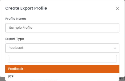 Create Export Profile dialog showing Postback selected as Export Type