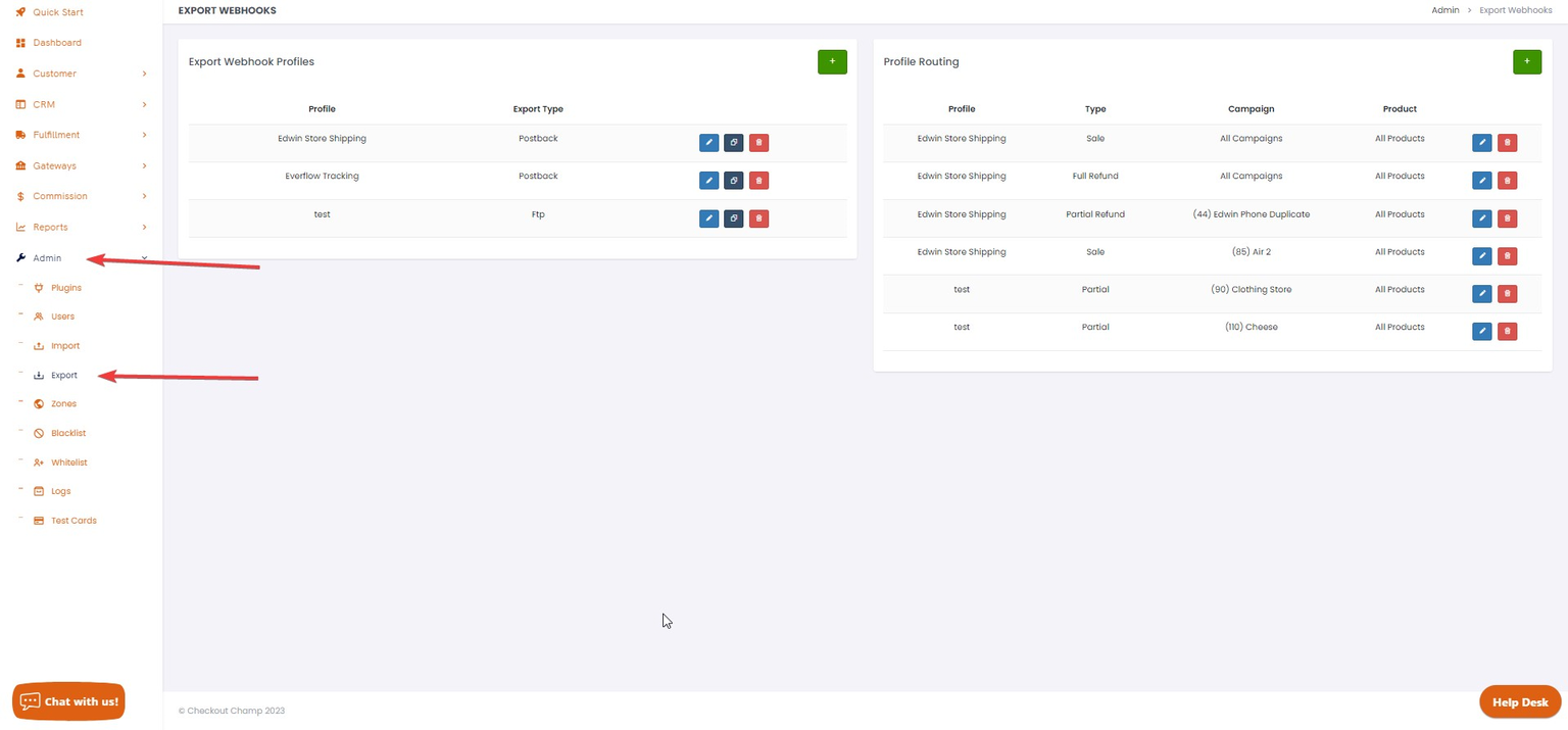 Checkout Champ Export Webhooks page showing navigation to Admin, Export
